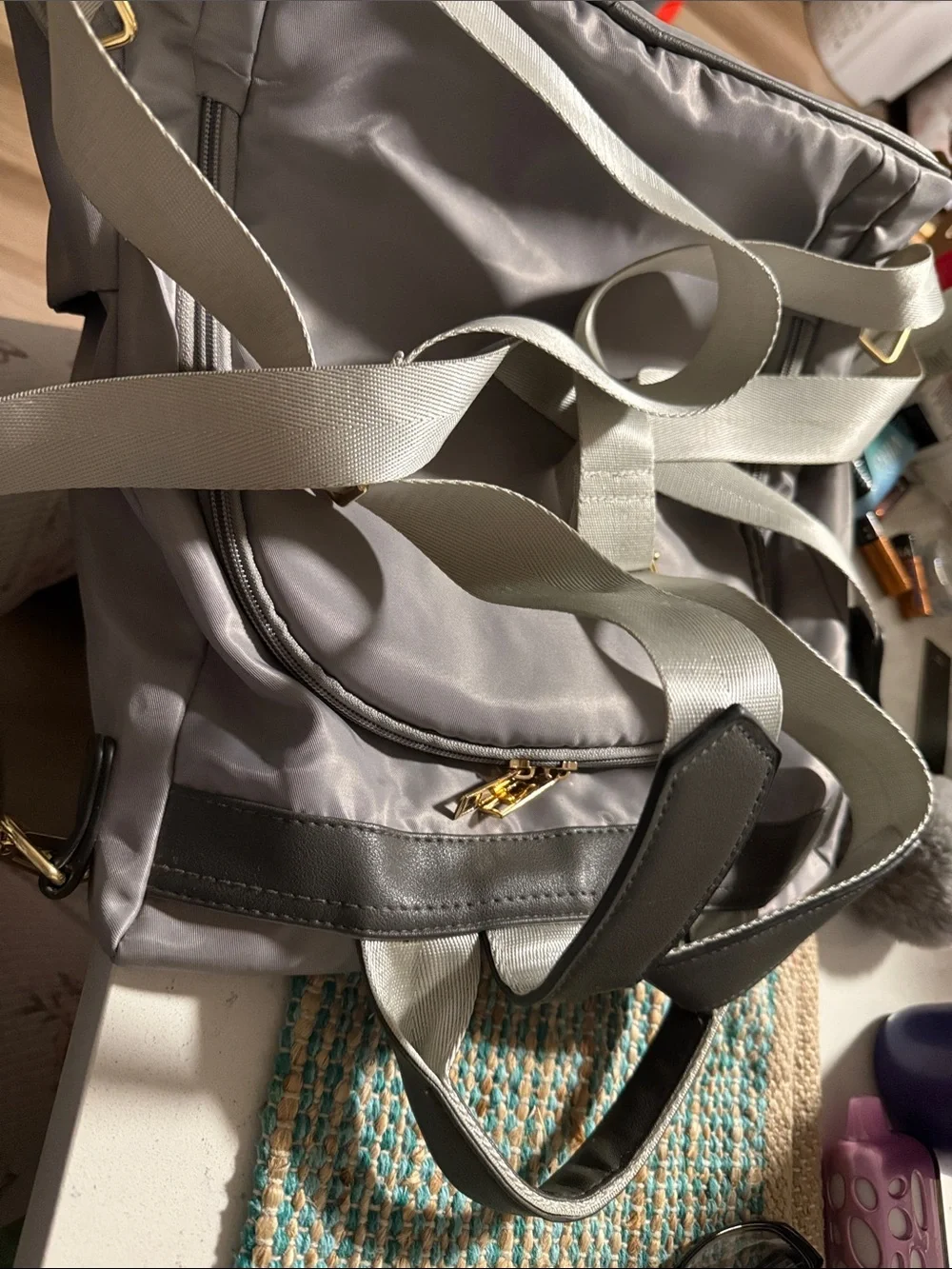 🍂🍁 NEW-🍁Pampered Chef Gray Backpack with Faux Leather Center Panel